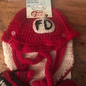 Crocheted newborn picture outfit.